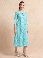 Load image into Gallery viewer, Blue Slub Cotton Floral Printed A-Line Kurti
