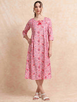 Load image into Gallery viewer, Pink Slub Cotton Floral Printed A-Line Kurti
