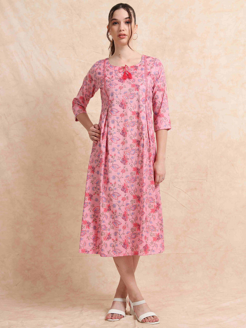 Pink Slub Cotton Floral Printed A-Line Kurti