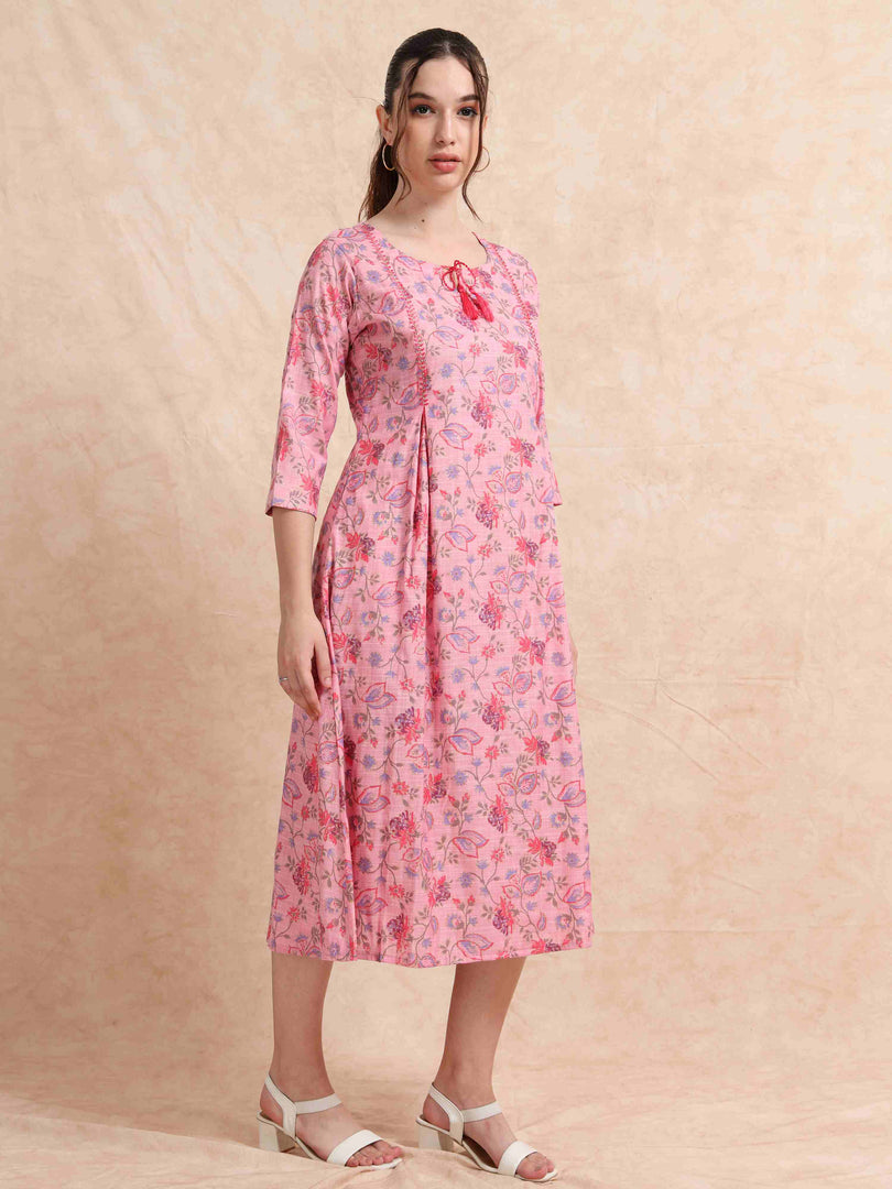 Pink Slub Cotton Floral Printed A-Line Kurti