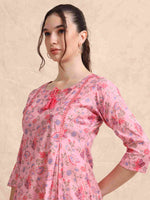 Load image into Gallery viewer, Pink Slub Cotton Floral Printed A-Line Kurti

