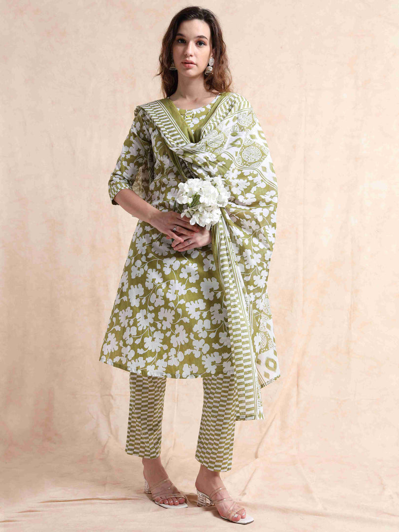 Sage Green Cotton Printed Straight Kurti, pant and Printed Dupatta