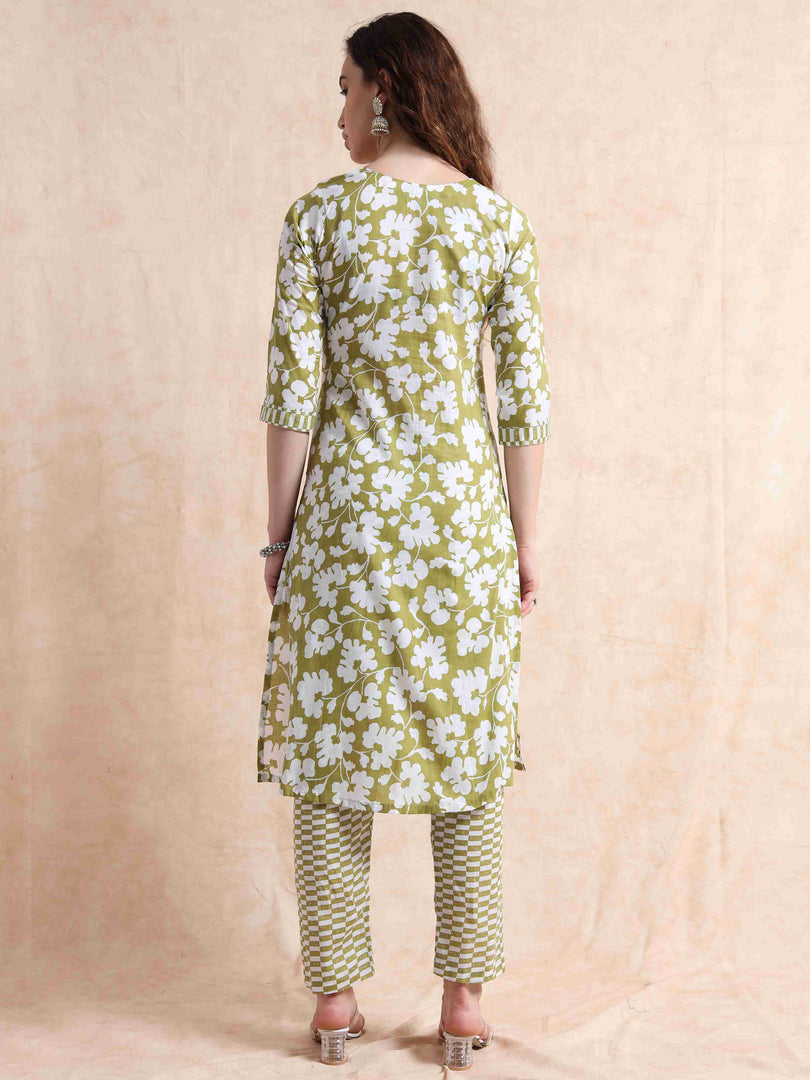 Sage Green Cotton Printed Straight Kurti, pant and Printed Dupatta