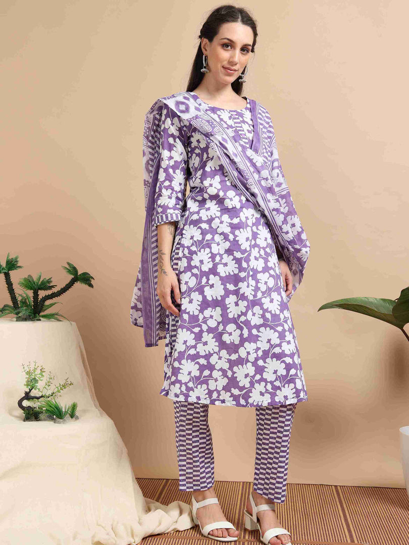 Orchid Purple Cotton Printed Straight Kurti, pant and Printed Dupatta