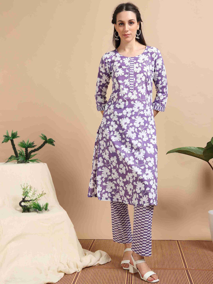 Orchid Purple Cotton Printed Straight Kurti, pant and Printed Dupatta