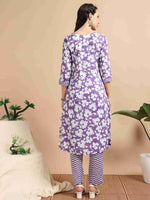 Load image into Gallery viewer, Orchid Purple Cotton Printed Straight Kurti, pant and Printed Dupatta
