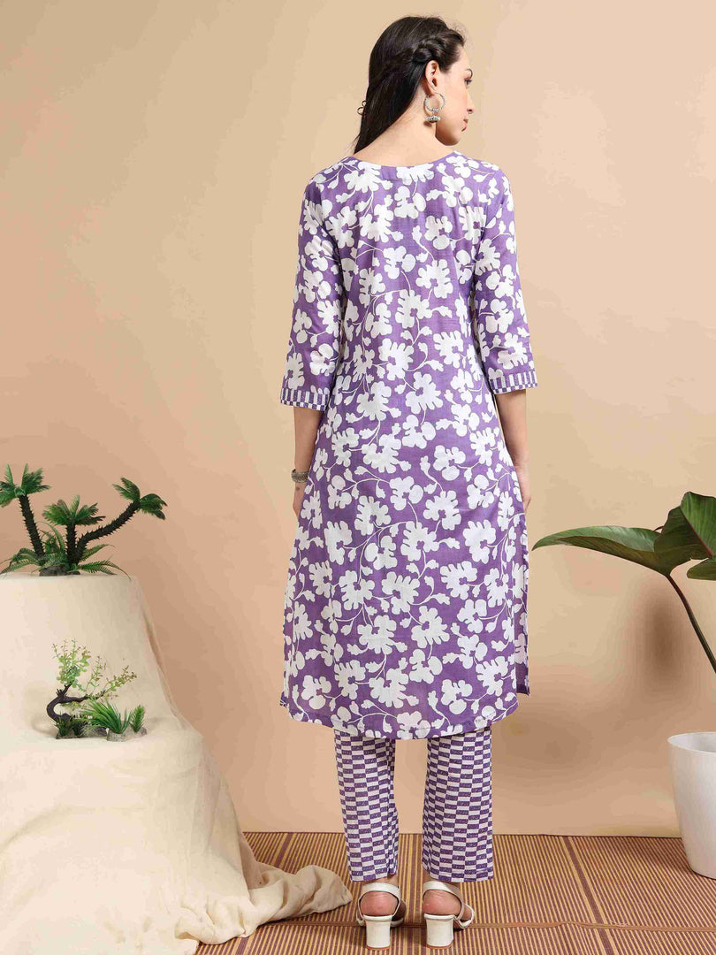 Orchid Purple Cotton Printed Straight Kurti, pant and Printed Dupatta