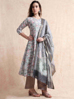 Load image into Gallery viewer, Grey lychee Silk Floral Printed Flair Kurti, Pant and Printed Dupatta