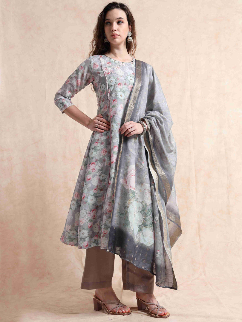Grey lychee Silk Floral Printed Flair Kurti, Pant and Printed Dupatta