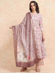 Lavender lychee Silk Floral Printed Flair Kurti, Pant and Printed Dupatta