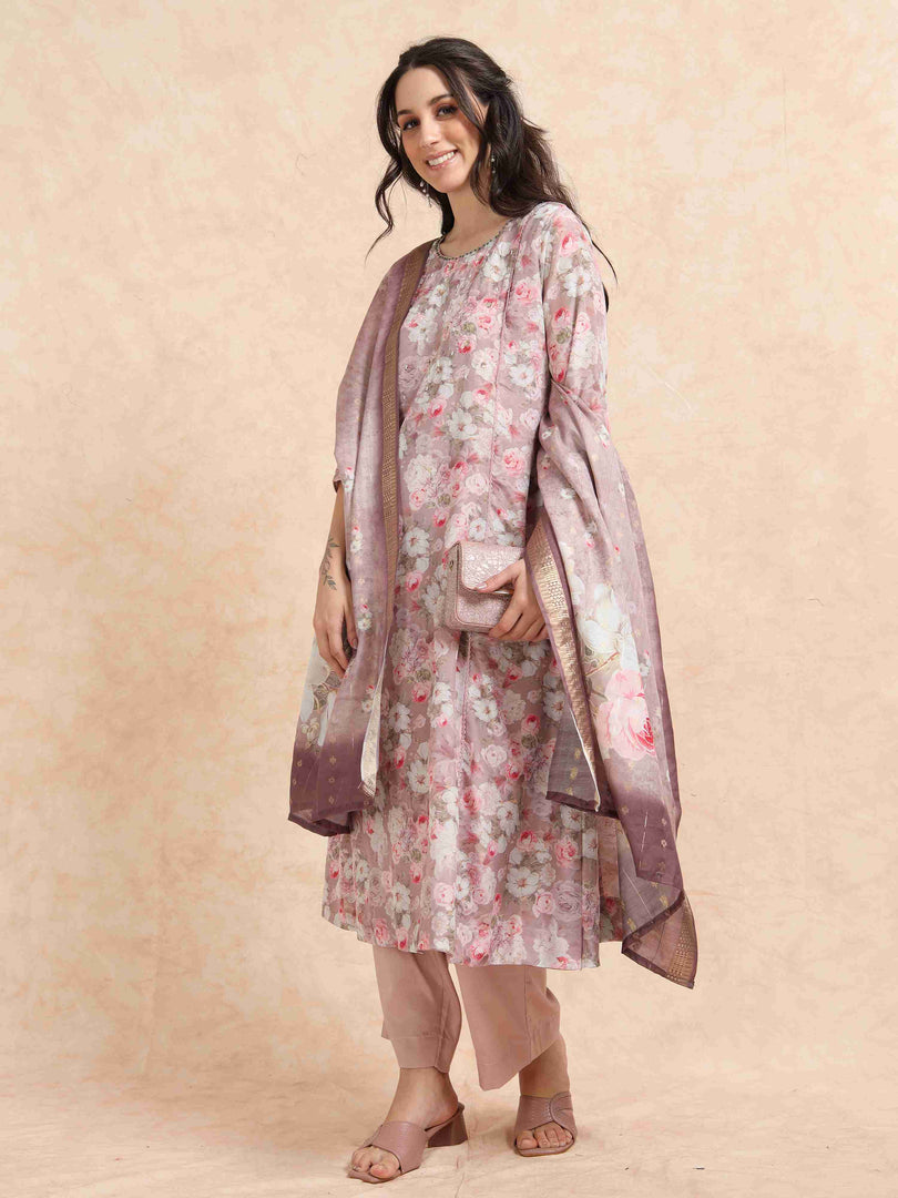 Lavender lychee Silk Floral Printed Flair Kurti, Pant and Printed Dupatta