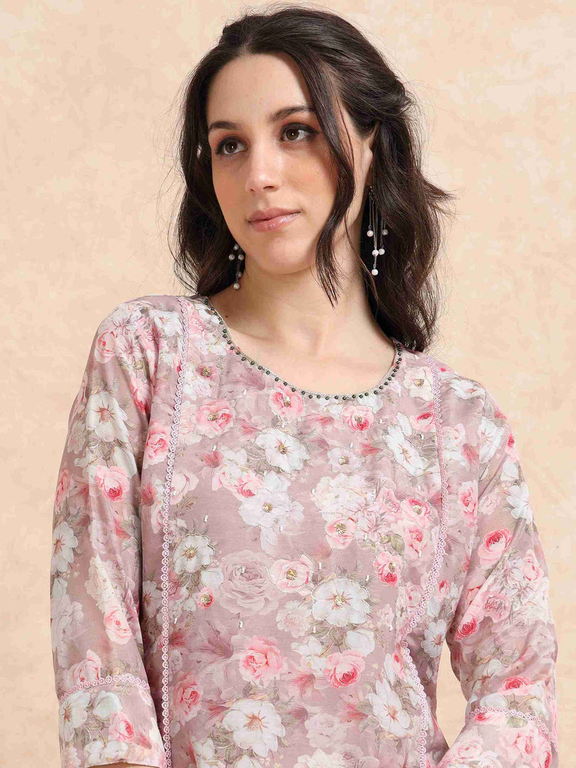 Lavender lychee Silk Floral Printed Flair Kurti, Pant and Printed Dupatta