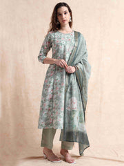 Sage Green lychee Silk Floral Printed Flair Kurti, Pant and Printed Dupatta
