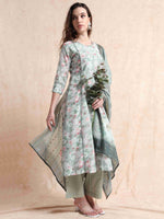 Load image into Gallery viewer, Sage Green lychee Silk Floral Printed Flair Kurti, Pant and Printed Dupatta
