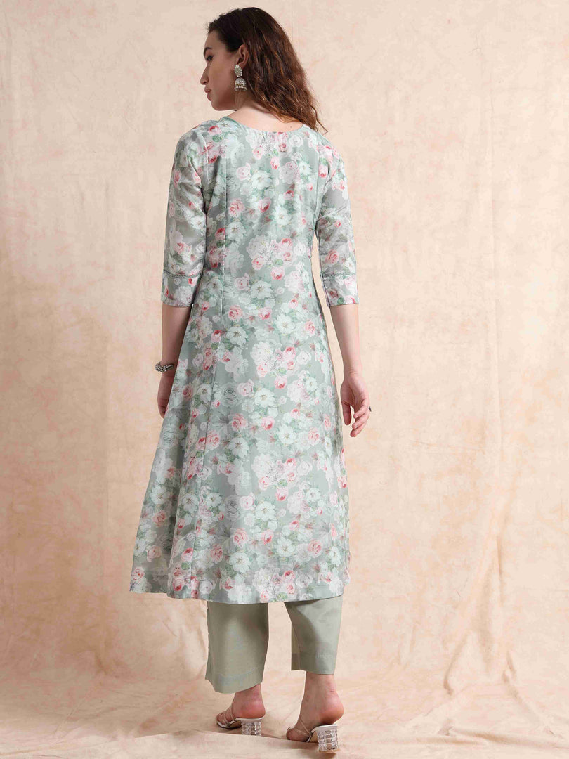 Sage Green lychee Silk Floral Printed Flair Kurti, Pant and Printed Dupatta