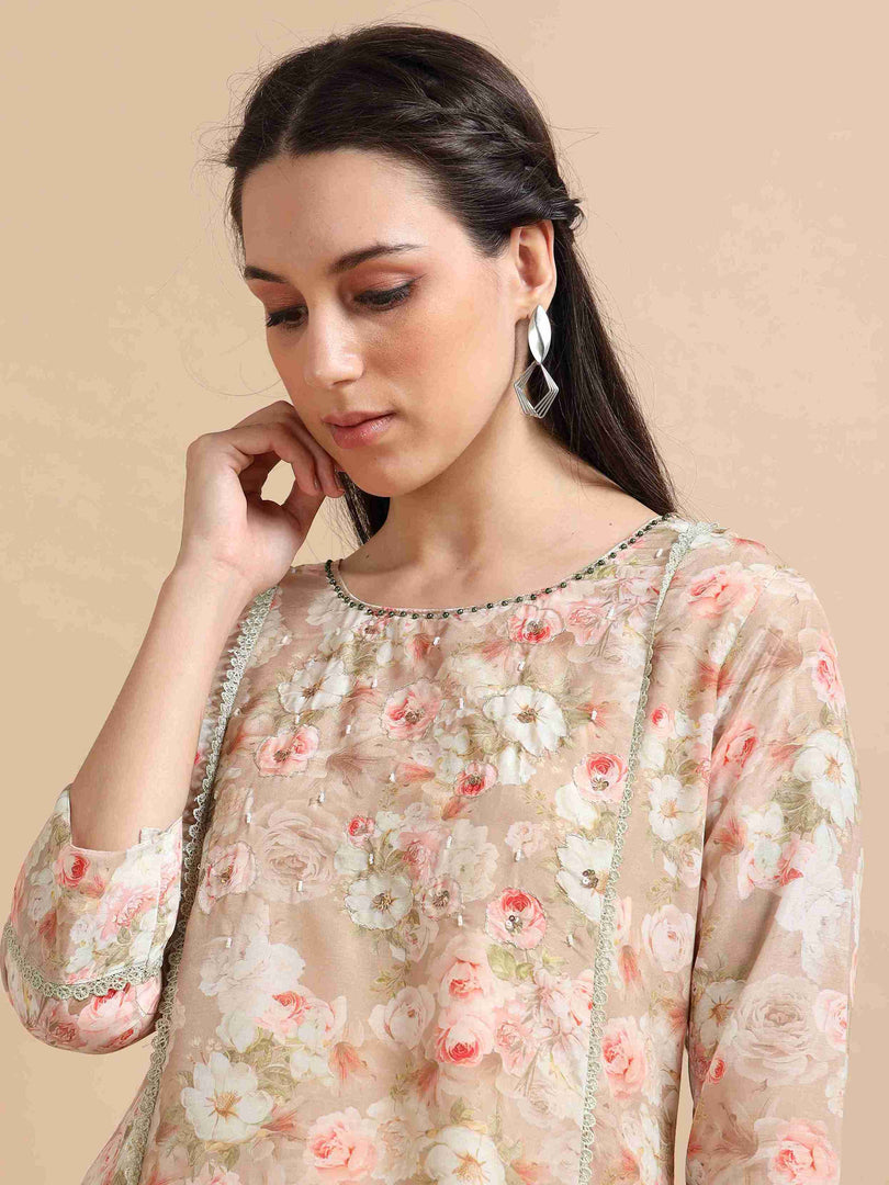 Beige lychee Silk Floral Printed Flair Kurti, Pant and Printed Dupatta