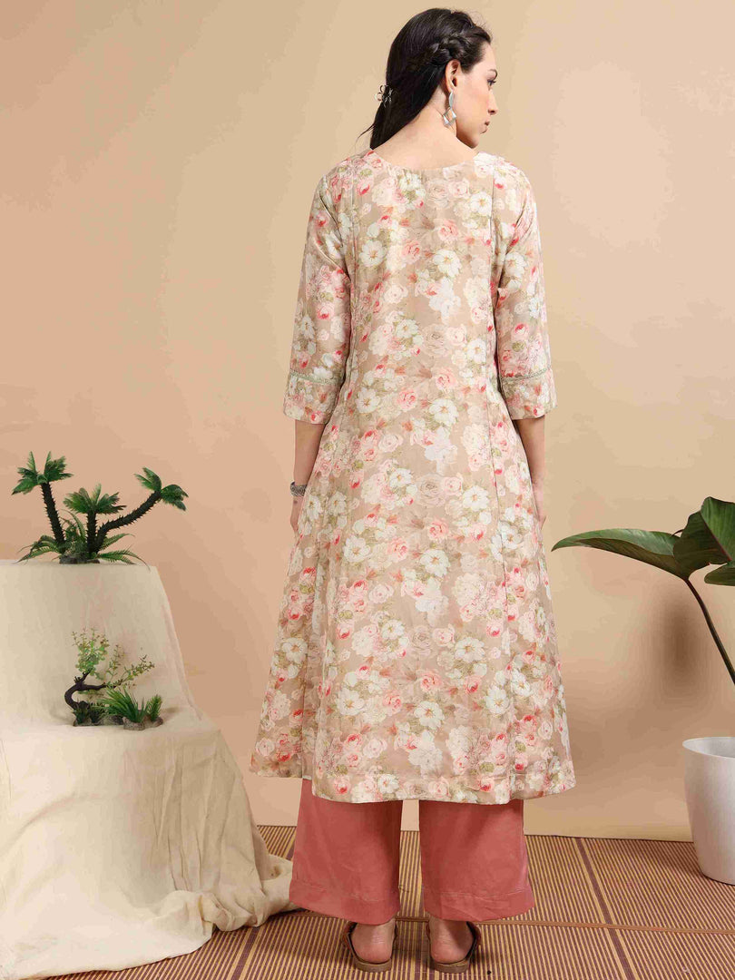 Beige lychee Silk Floral Printed Flair Kurti, Pant and Printed Dupatta