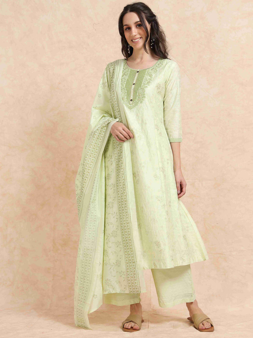 Pista Green Lychee Silk Floral Printed Anarkali Kurti, Pant and Designer Dupatta