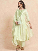 Load image into Gallery viewer, Pista Green Lychee Silk Floral Printed Anarkali Kurti, Pant and Designer Dupatta