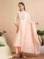 Load image into Gallery viewer, Peach  Lychee Silk Floral Printed Anarkali Kurti, Pant and Designer Dupatta