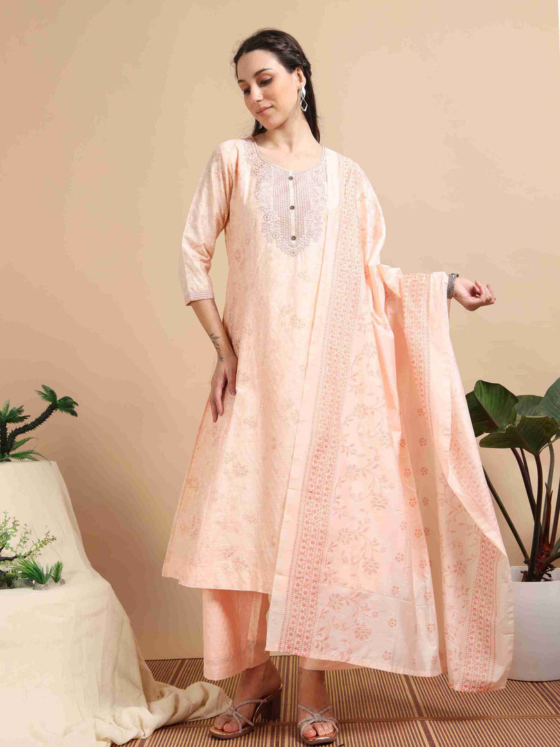 Peach  Lychee Silk Floral Printed Anarkali Kurti, Pant and Designer Dupatta