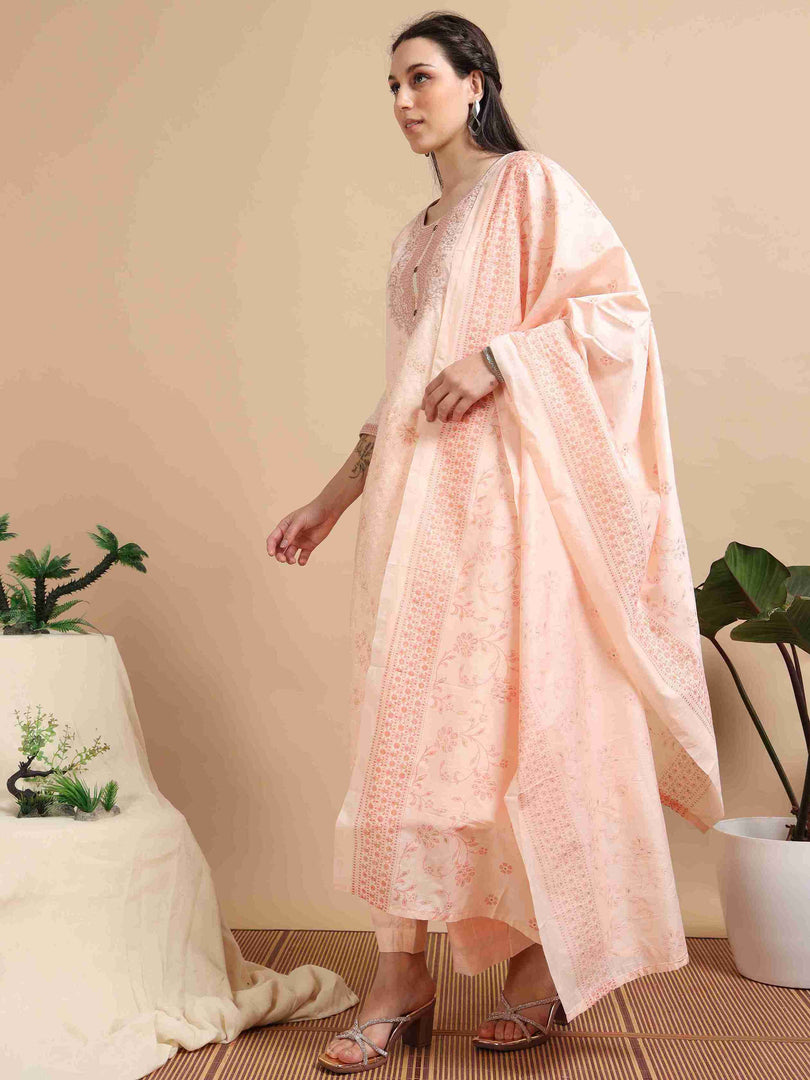 Peach  Lychee Silk Floral Printed Anarkali Kurti, Pant and Designer Dupatta