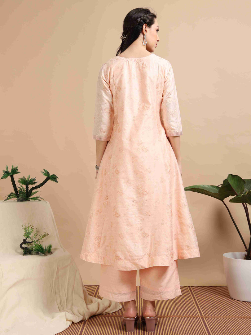 Peach  Lychee Silk Floral Printed Anarkali Kurti, Pant and Designer Dupatta