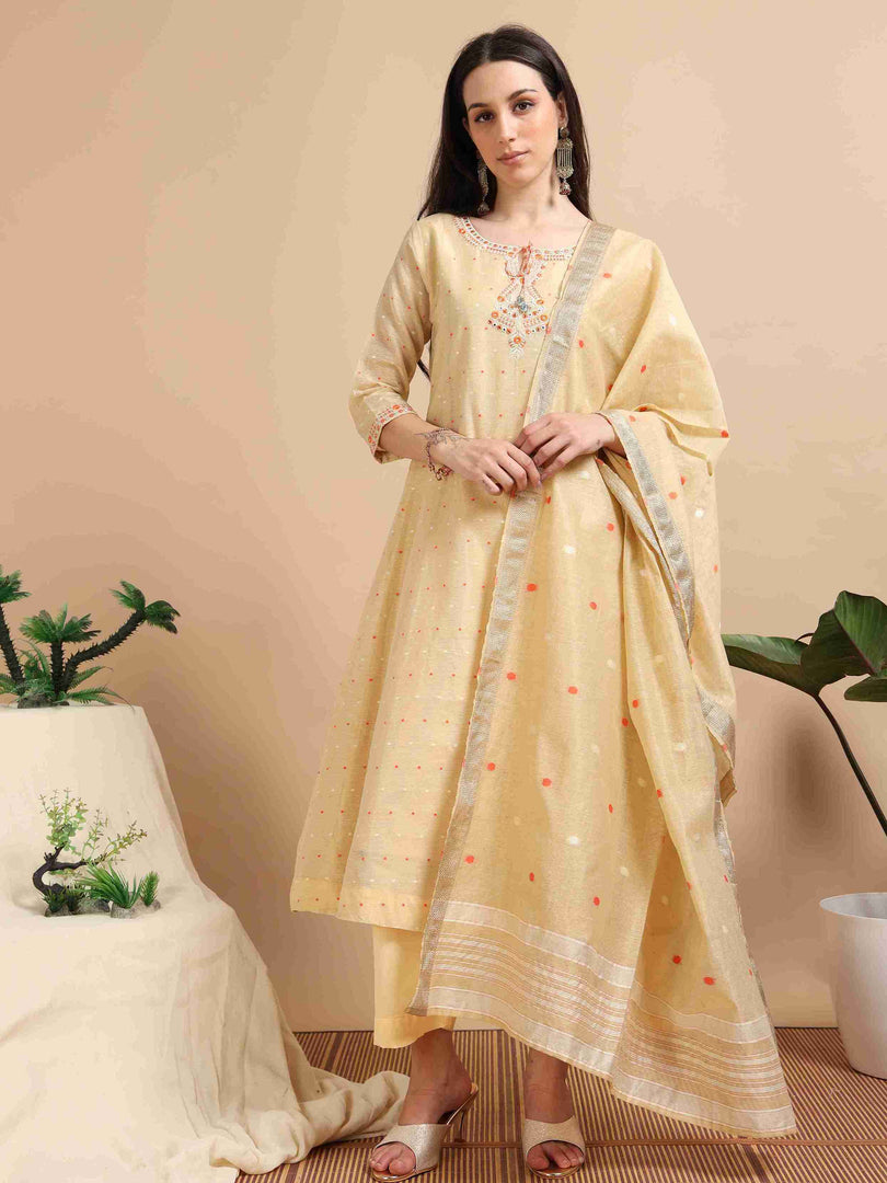 Yellow Tissue Silk Handloom Woven A-Line Kurti, Pant and Dupatta Set