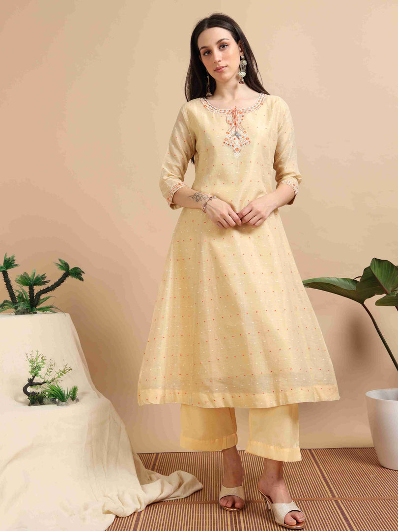 Yellow Tissue Silk Handloom Woven A-Line Kurti, Pant and Dupatta Set