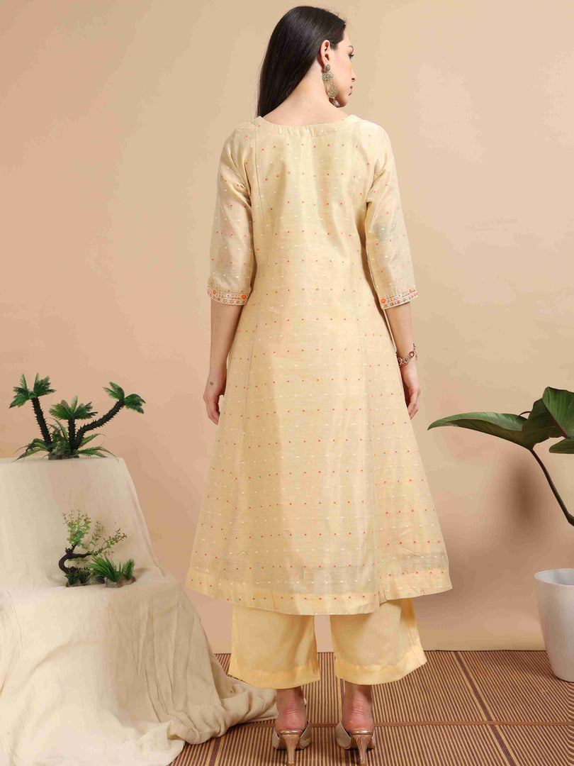 Yellow Tissue Silk Handloom Woven A-Line Kurti, Pant and Dupatta Set