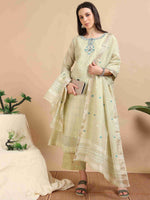 Load image into Gallery viewer, Pastel Green Tissue Silk Handloom Woven A-Line Kurti, Pant and Dupatta Set