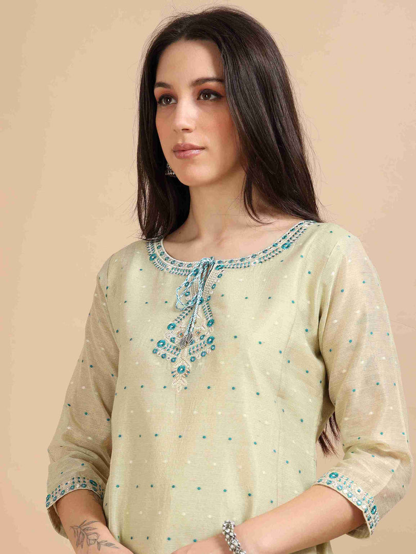 Pastel Green Tissue Silk Handloom Woven A-Line Kurti, Pant and Dupatta Set