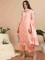 Peach Banarasi Chanderi Handloom woven A-Line Kurti, Pant and Dupatta Set