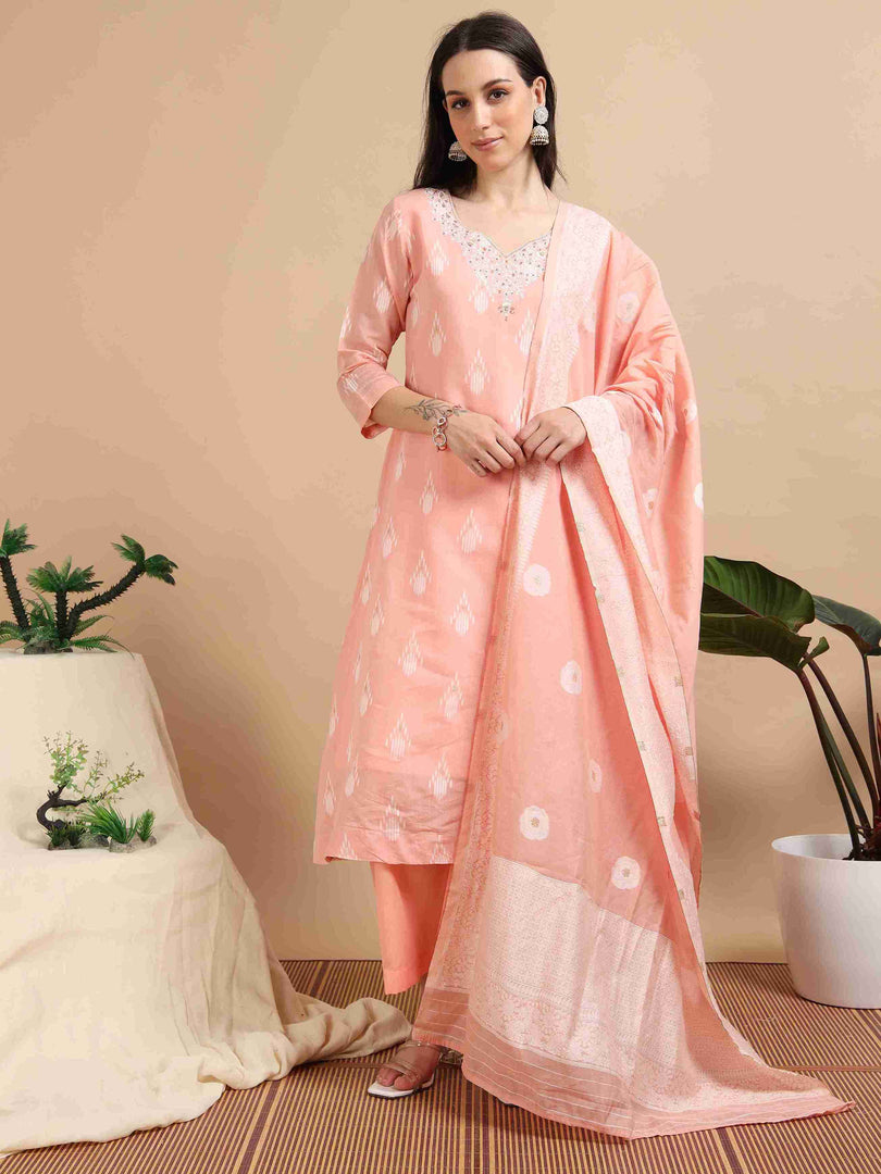 Peach Banarasi Chanderi Handloom woven A-Line Kurti, Pant and Dupatta Set