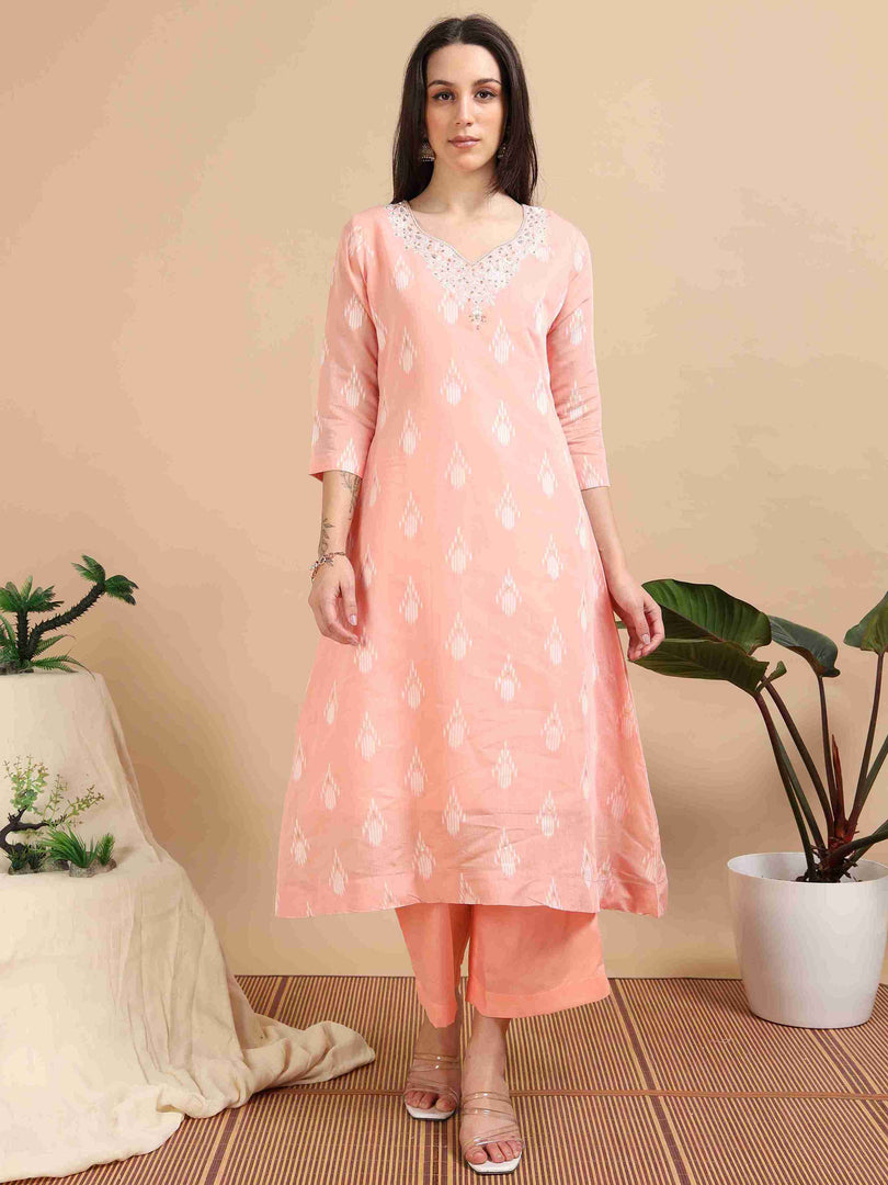 Peach Banarasi Chanderi Handloom woven A-Line Kurti, Pant and Dupatta Set