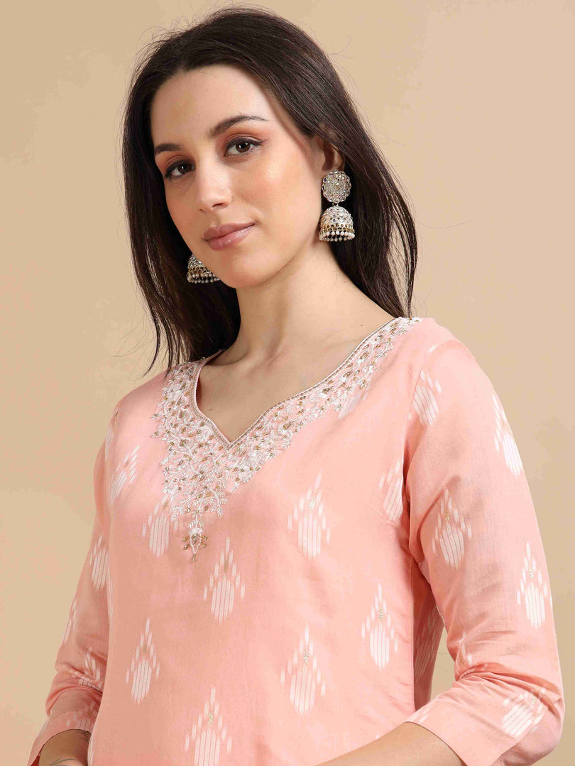 Peach Banarasi Chanderi Handloom woven A-Line Kurti, Pant and Dupatta Set