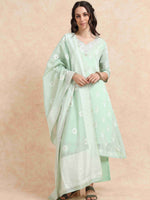 Load image into Gallery viewer, Mint Green Chanderi Handloom woven A-Line Kurti, Pant and Dupatta Set