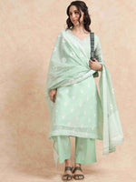 Load image into Gallery viewer, Mint Green Chanderi Handloom woven A-Line Kurti, Pant and Dupatta Set
