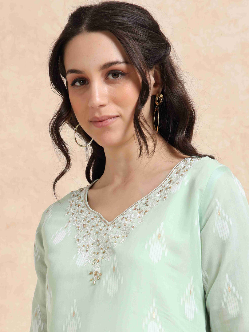 Mint Green Chanderi Handloom woven A-Line Kurti, Pant and Dupatta Set