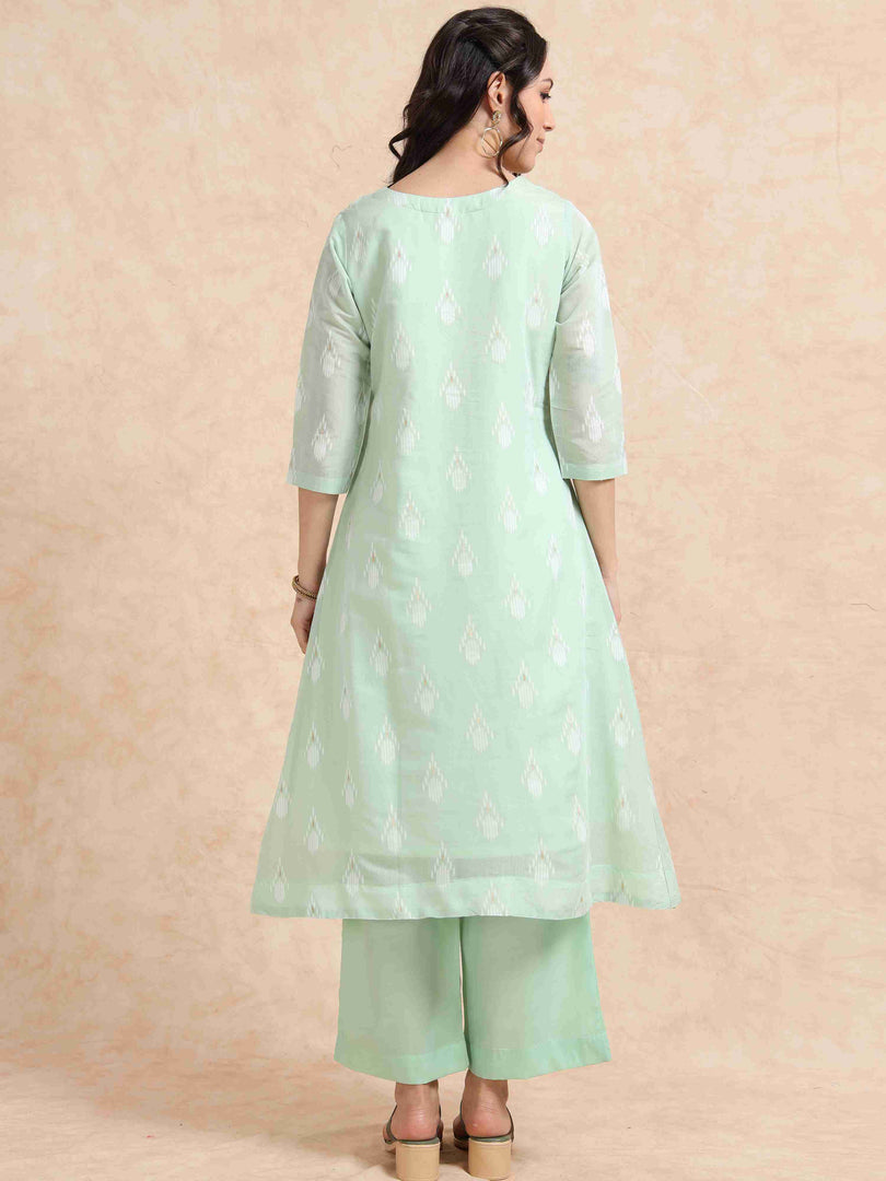 Mint Green Chanderi Handloom woven A-Line Kurti, Pant and Dupatta Set
