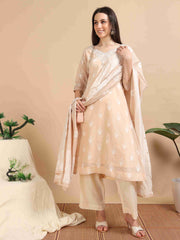 Light Orange Chanderi Handloom woven A-Line Kurti, Pant and Dupatta Set