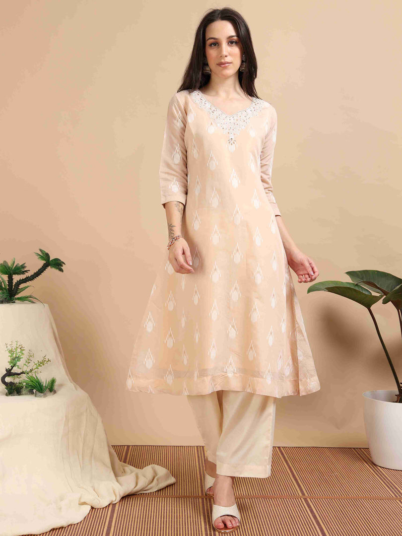 Light Orange Chanderi Handloom woven A-Line Kurti, Pant and Dupatta Set