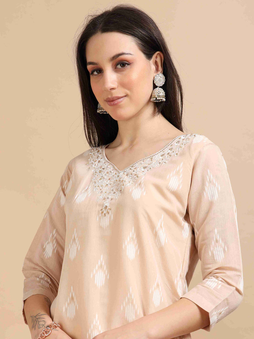 Light Orange Chanderi Handloom woven A-Line Kurti, Pant and Dupatta Set