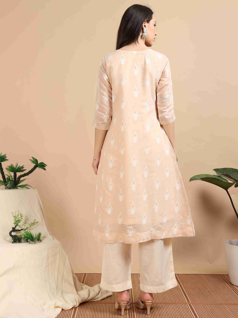 Light Orange Chanderi Handloom woven A-Line Kurti, Pant and Dupatta Set