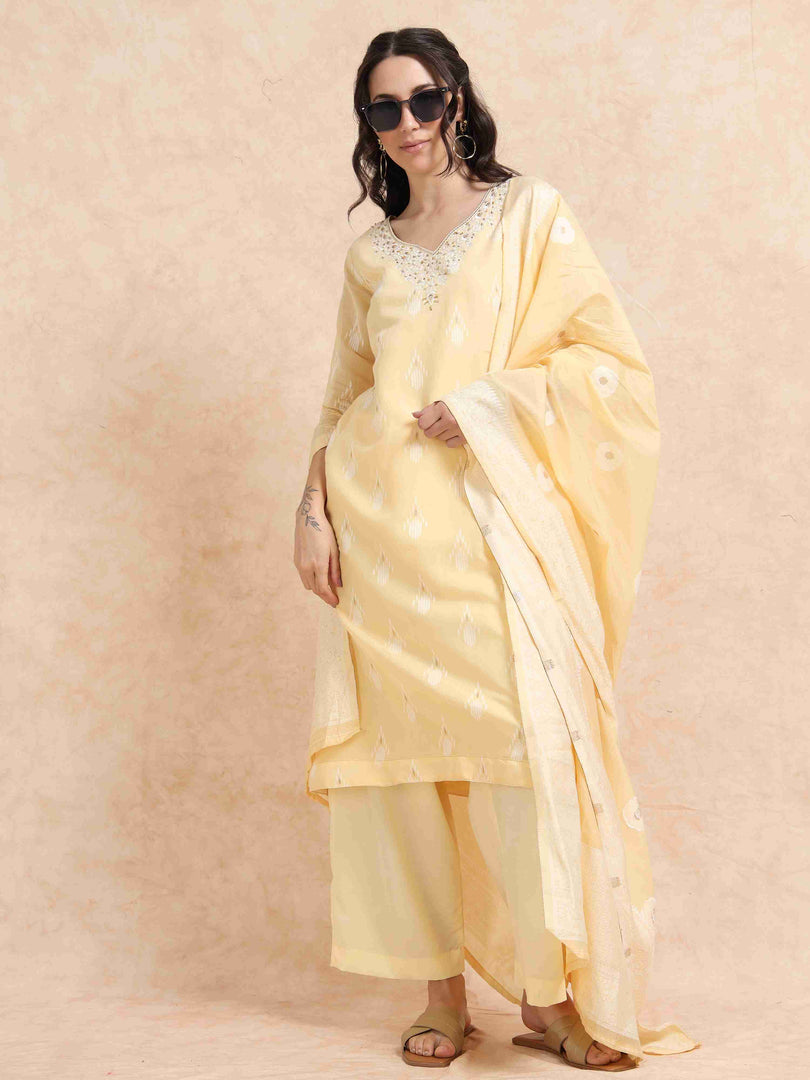 Yellow Chanderi Handloom woven A-Line Kurti, Pant and Dupatta Set