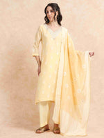 Load image into Gallery viewer, Yellow Chanderi Handloom woven A-Line Kurti, Pant and Dupatta Set
