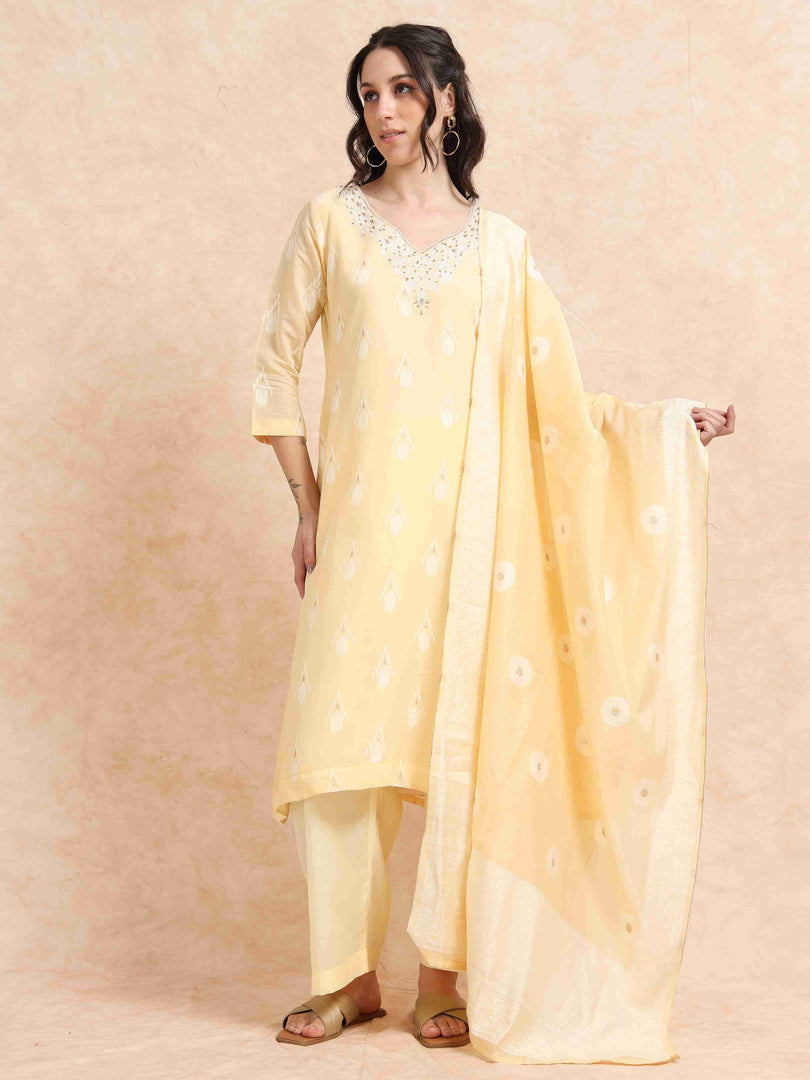 Yellow Chanderi Handloom woven A-Line Kurti, Pant and Dupatta Set
