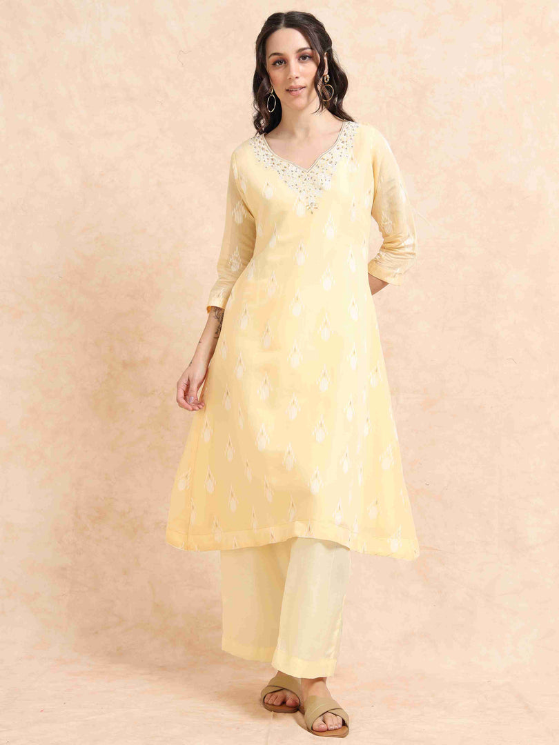Yellow Chanderi Handloom woven A-Line Kurti, Pant and Dupatta Set