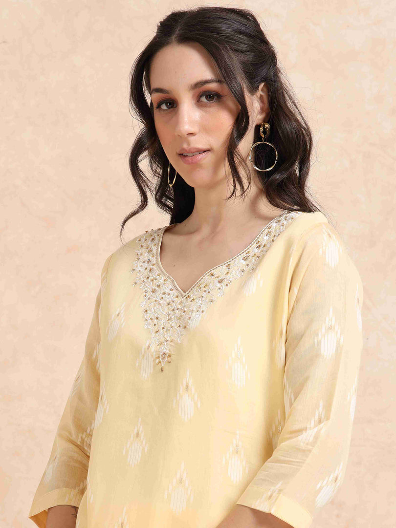 Yellow Chanderi Handloom woven A-Line Kurti, Pant and Dupatta Set