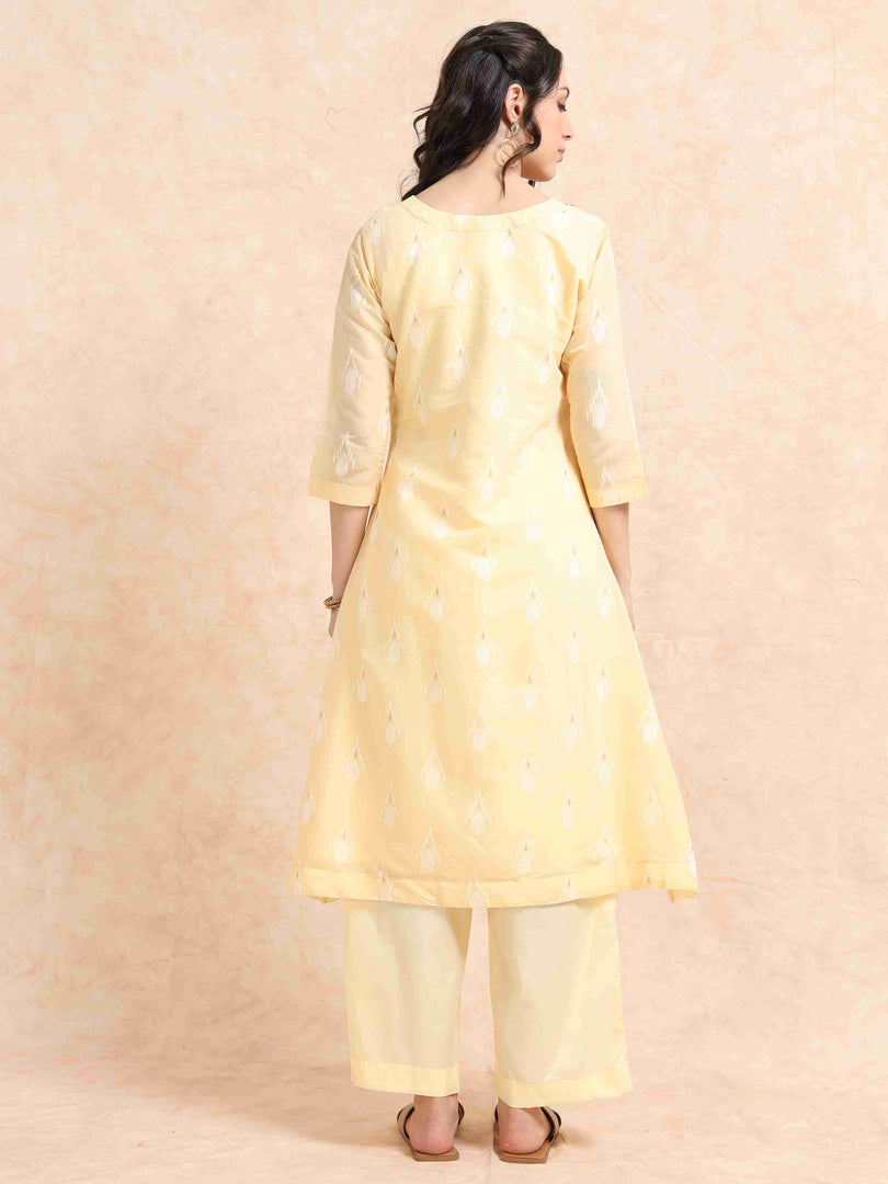 Yellow Chanderi Handloom woven A-Line Kurti, Pant and Dupatta Set